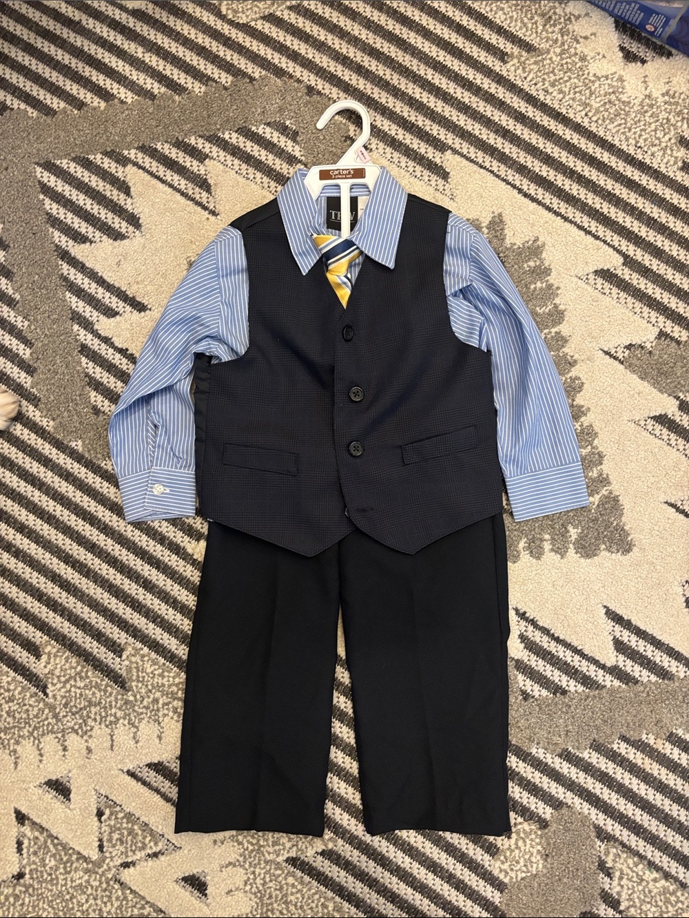 4 piece Carter's Navy Vest and Pants Set with Blue Stripe Shirt and Yellow Tie